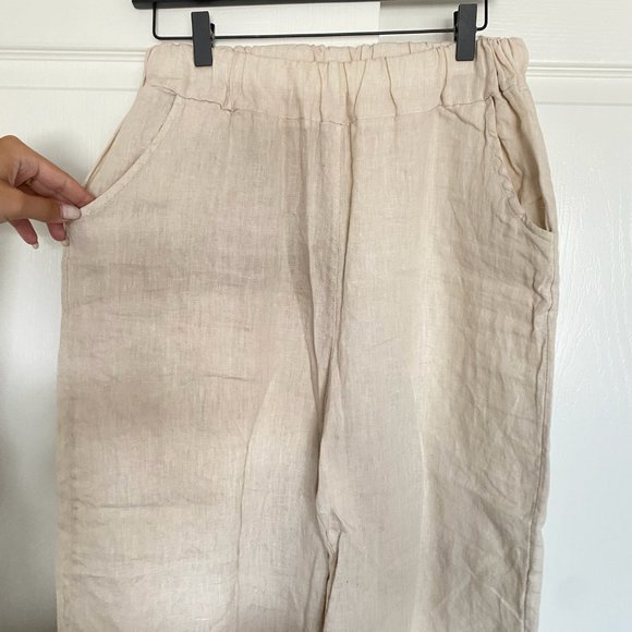 100% Linen, Cream/Tan/Beige, Beachy Wide Leg, Flowy Mom Pants - Size Medium - Picture 7 of 8